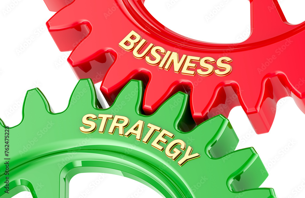 Poster business strategy concept with colored gearwheels. 3d rendering isolated on transparent background
