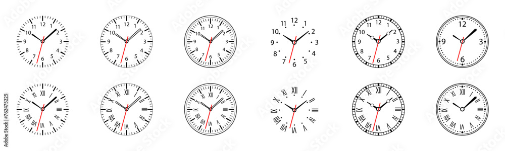 Poster round clock dial with numbers, arrows, modern round dial, vector round year calendar with walnut num