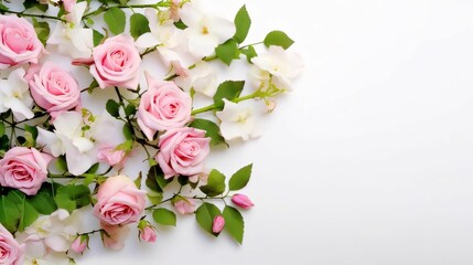 Banner, white empty field, on the side pink rose flowers with green leaves and petals. Space for your own content. Flowering flowers, a symbol of spring, new life.