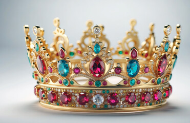 Golden king crown with colorful precious stones on isolated background.
