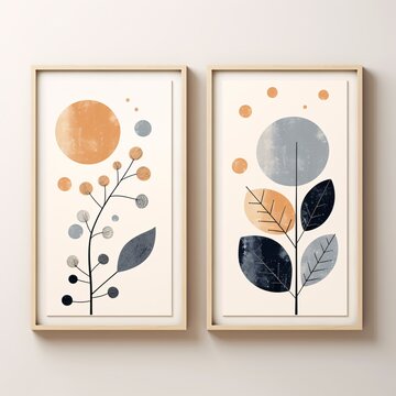 a two framed pictures of flowers and leaves