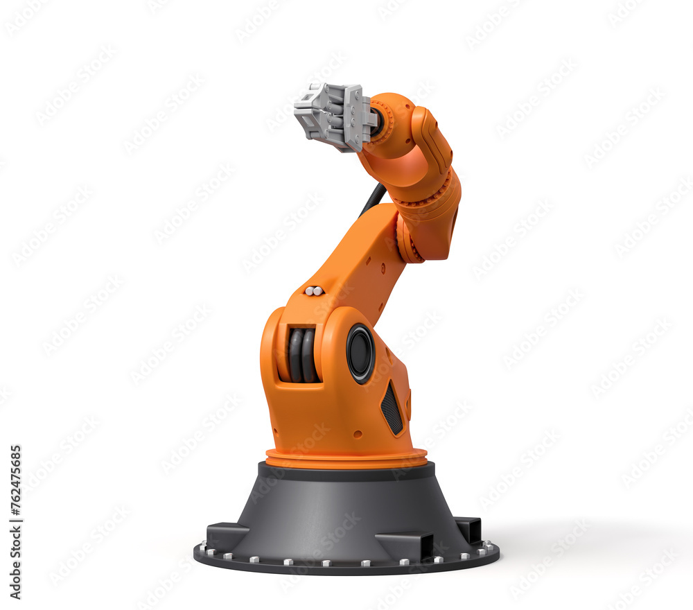 Poster 3d rendering of orange robotic arm isolated on white background