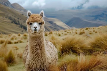 Deurstickers Llama in the mountains. Alpaca in the Andes mountains, Peru, South America. Llama (Vicugna pacos) © Oleh
