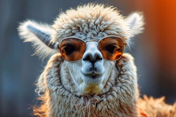 Fototapeta premium Portrait of a funny alpaca with sunglasses. Close-up.