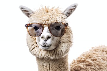 Naklejka premium Portrait of a funny alpaca wearing eyeglasses isolated on white background