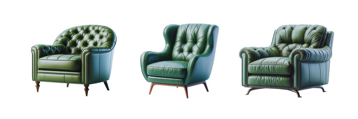 Set of Green color leather armchair, illustration, isolated over on transparent white background