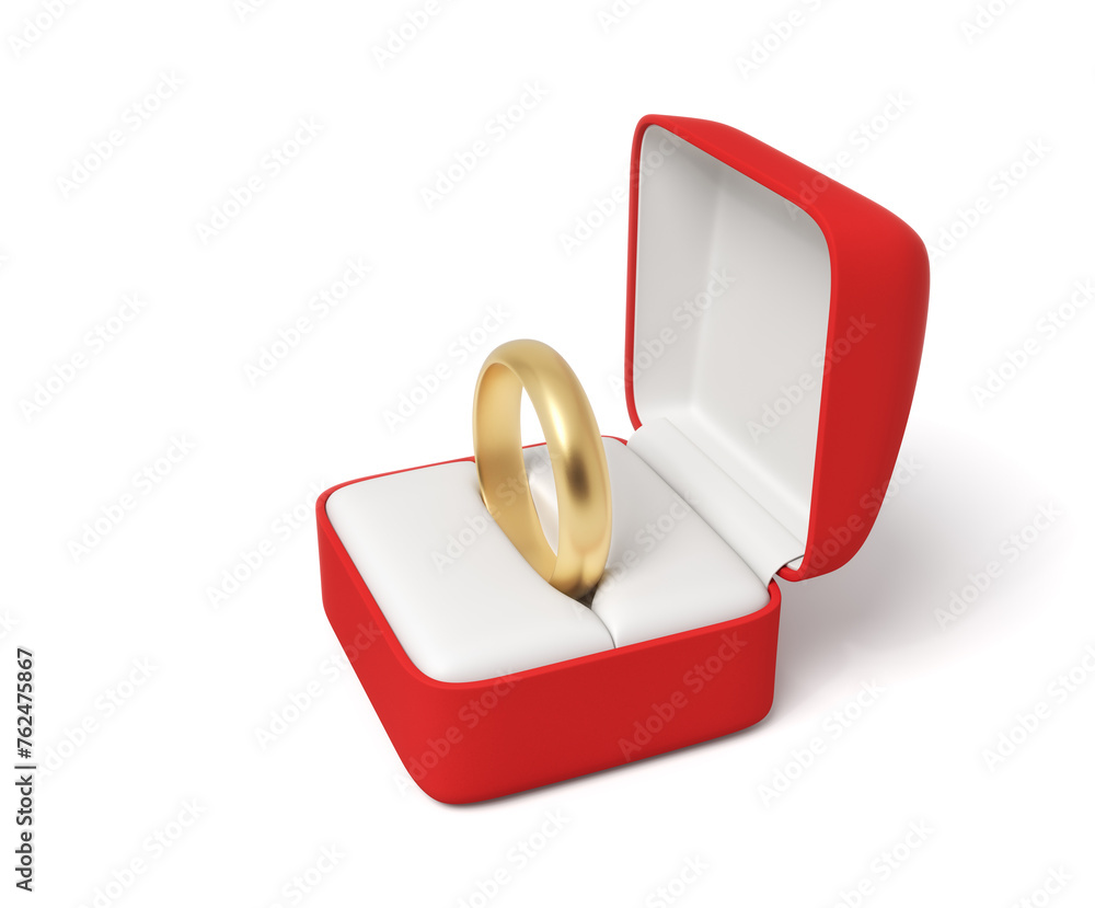 Poster 3d close-up rendering of gold ring in open red box on white background.