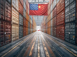Freight shipping container with flag of china on crane hook - 3D illustration