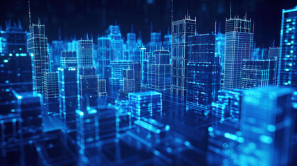 Futuristic urban cityscape with illuminated skyscrapers in the night time, 3D ing concept illustration