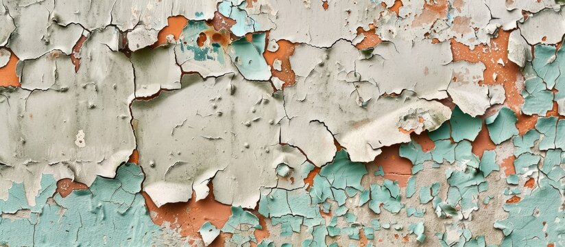 A closeup of peeling paint on a wall resembles a tree bark pattern, creating a unique landscape on the houses exterior, like a map of soil and plant growth
