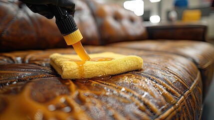 cleaning a faux leather couch, showcasing the effectiveness of the cleaning products and techniques used. - obrazy, fototapety, plakaty