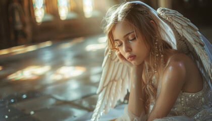 A holy girl with an angelic and sad face is sad about human sins.