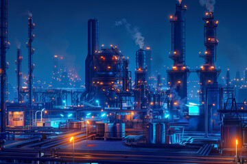 Refinery factory at night, electric and futuristic architecture style.