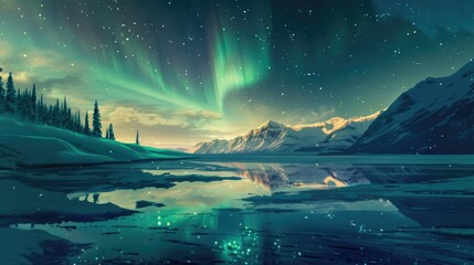 Aurora Borealis dances over frozen lake in ecological harmony