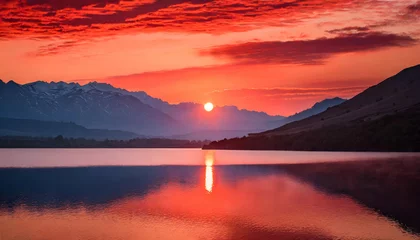 Foto op Aluminium Beautiful scenic view of the red soft sunset over a lake on digital art concept. © Watercolor_Concept