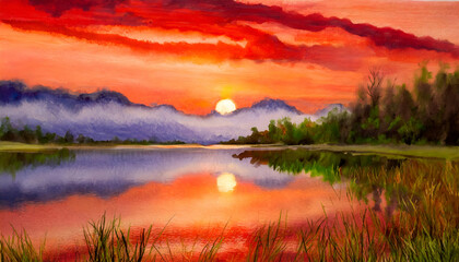 Fototapeta na wymiar Beautiful scenic view of the red soft sunset over a lake on digital art concept.