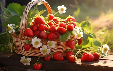 Wicker basket full of white flowers and red strawberries in the background green leaves. Flowering flowers, a symbol of spring, new life.