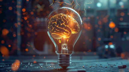 Illustration featuring the human brain enclosed within a luminous light bulb, concept of the power of innovation and creativity. - obrazy, fototapety, plakaty