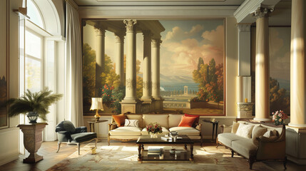 Wall in the living room decorated in Trompe L'oeil style.