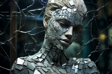 Mournful Shattered statue woman. Crumbling and breaking female silhouette. Generate ai