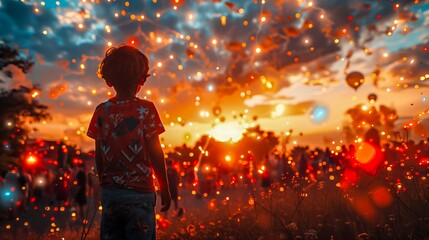 Child Stands Mesmerized By A Magical Sunset Surrounded By A Field And Floating Lights