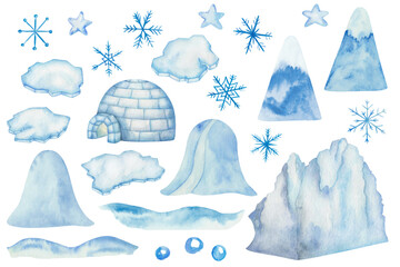 Watercolor set of illustrations. Hand painted igloo house, ice floe, iceberg. Blue, white glacier, mountain, block of ice, icehouse. Floating frozen water, snow. Snowflakes. Winter. Isolated clip art - obrazy, fototapety, plakaty