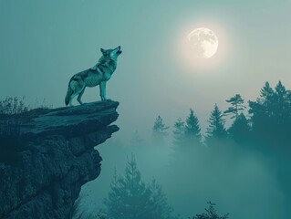 A lone wolf howling under full moon in serene nature