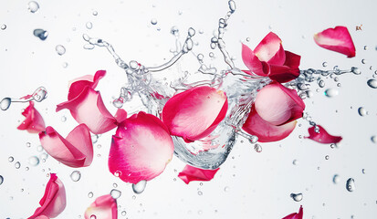 fragrant pink rose petals fly in splashes of water on a white background
