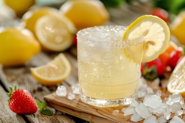 Detail of lemonade with ice in a glass on a wooden table with fruit and crushed ice. Elevated view. Horizontal composition.