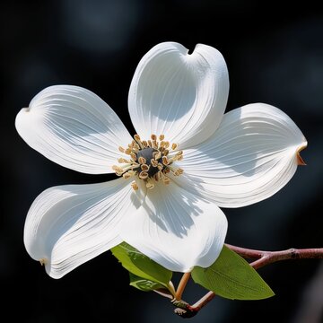 White flower with tiny green leaves, close-up photo on a dark background. Flowering flowers, a symbol of spring, new life.