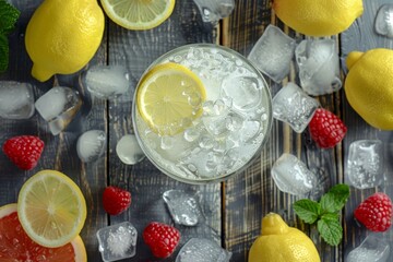 Detail of lemonade with ice in a glass on a wooden table with fruit and crushed ice. Elevated view. Horizontal composition.