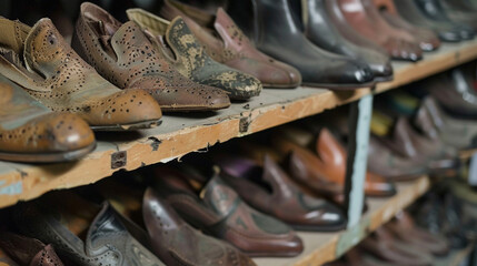 Vieilles paires de chaussures dans l’atelier du cordonnier - obrazy, fototapety, plakaty