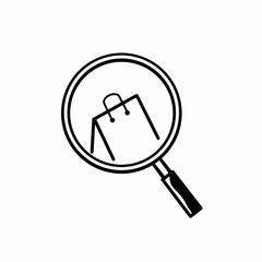 Magnifying glass with shopping bag icon, Product search sign, Loupe symbol isolated on white background, Magnifying Glass Vector Icon for Search and Zoom, Isolated on White Background,