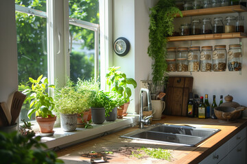 A kitchen with a large window that lets in natural light and a view of a garden
