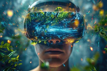 Immersive experience enhancers. exploring the world through virtual reality glasses. revolutionizing entertainment, education, and beyond with advanced VR technology. - obrazy, fototapety, plakaty