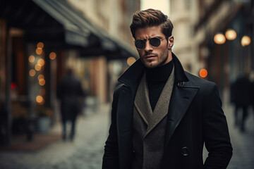 Naklejka premium Generative AI image of businessman wearing an elegant stylish clothes walking on city street