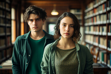 Created with generative AI picture of young charming lovely cute prety girl in library or bookshop