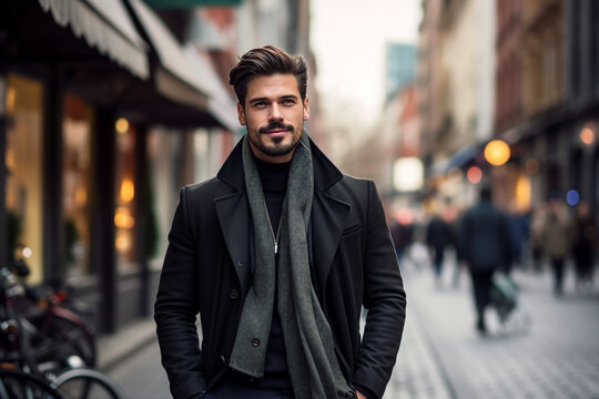 Generative AI image of businessman wearing an elegant stylish clothes walking on city street