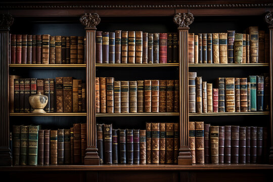 Classical library room with old books on shelves large bookcase with lots of books generative AI