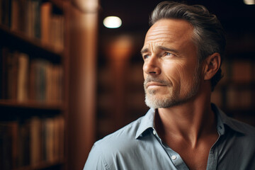 Fototapeta premium Smart creative man among bookshelves in modern university campus library generative AI