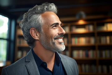 Obraz premium Middle age male librarian or college teacher standing in library in front of book shelves generated by AI