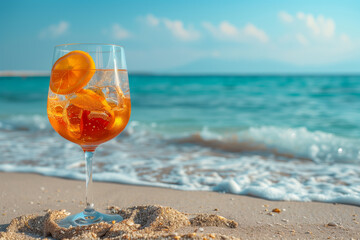 Aperol Spritz cocktail on a sandy beach with a sea view and space for text
