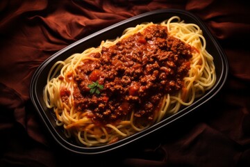 Exquisite spaghetti bolognese on a plastic tray against a woolen fabric background