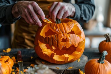 Detail of man carving and emptying a pumpkin for the halloween party. Front view. Horizontal composition.