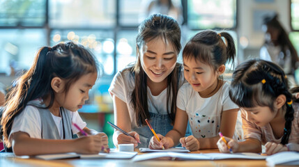 Cute asian female teacher and little children in classroom writing or drawing on paper