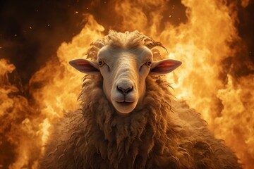 Fiery Nightmare sheep with fire flames. Horrified scary lucifer animal in burning fire. Generate ai - obrazy, fototapety, plakaty