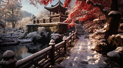 A Japanese temple surrounded by snow-covered cherry blossoms stands at the end of a beautiful bridge covered in snow, creating a winter landscape. Concept: temples of Japan, cherry blossoms, winter - obrazy, fototapety, plakaty