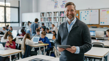 Teacher standing in front and holding a tablet, with students working at desks behind him