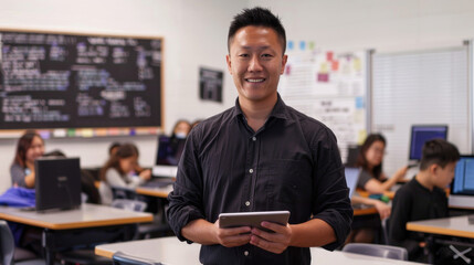 Fototapeta premium Asian teacher standing in front and holding a tablet, with students working at desks behind him