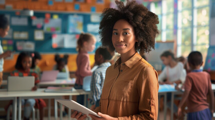 African American female teacher standing in front and holding a tablet, with students working at desks behind her - obrazy, fototapety, plakaty